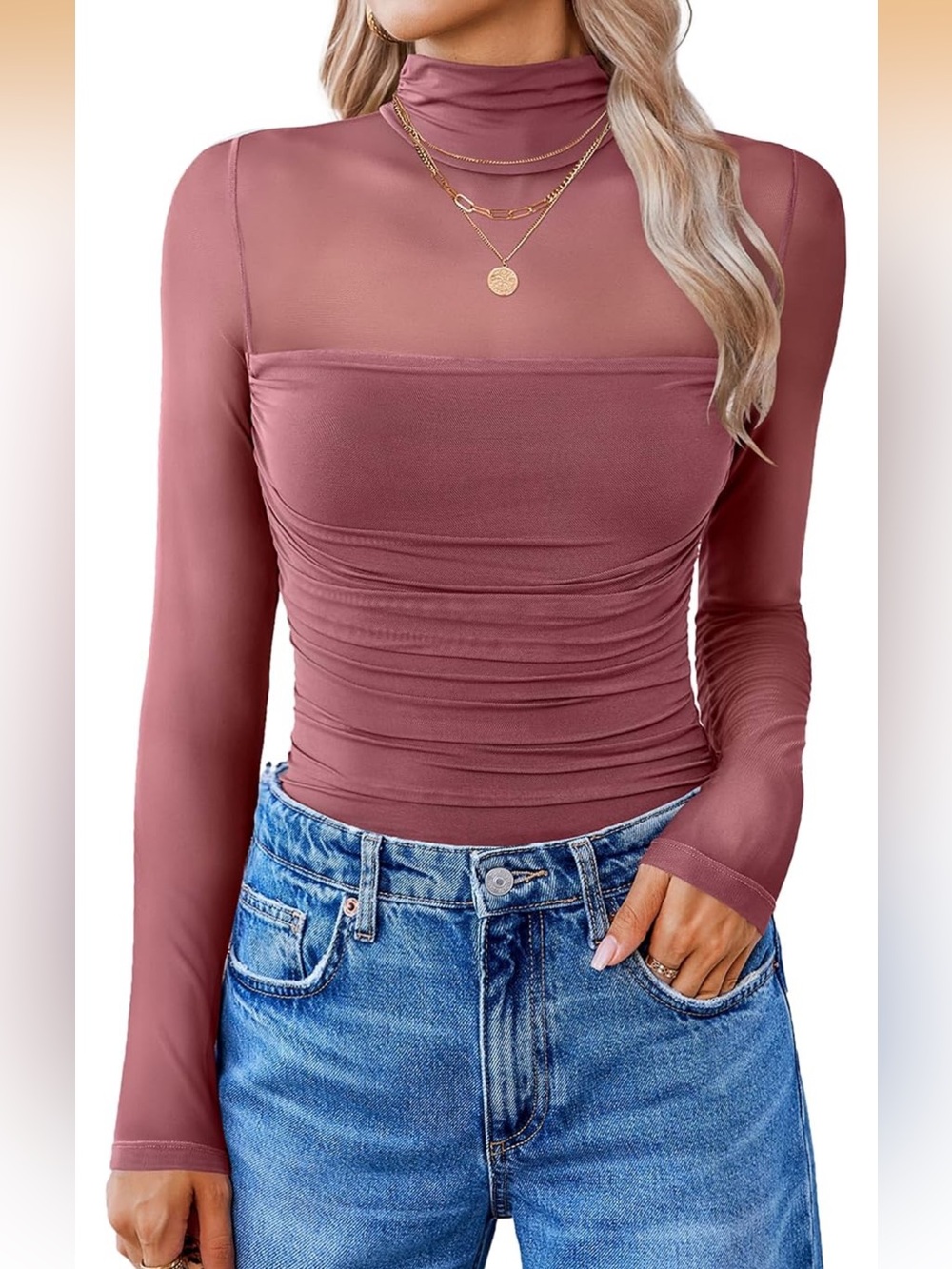 Women's Rose Long-Sleeve Mesh Bodysuit Top
